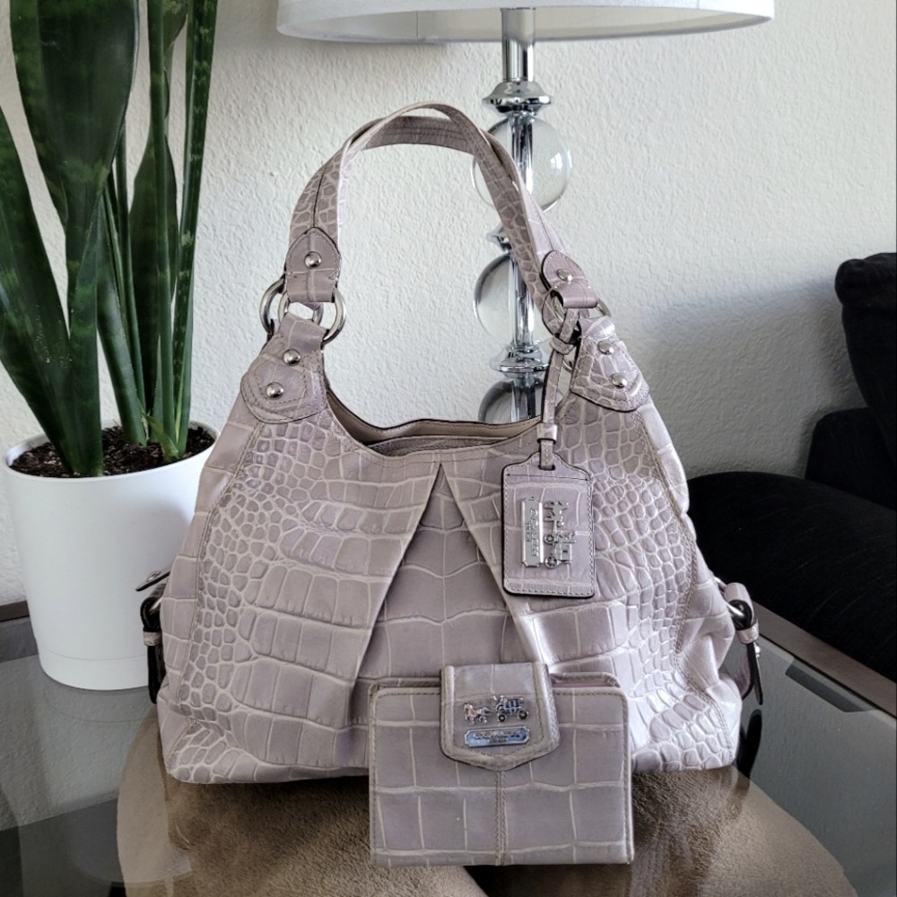 Coach Silver Gray Shoulder Bag with Crocodile Embossed Texture
